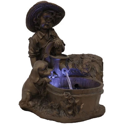 Sunnydaze Decor Sunnydaze Outdoor Polyresin Boy With Dog Solar Powered Water Fountain Feature With LED Light - 15" - Light Brown - Image 2
