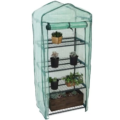 Sunnydaze Decor Sunnydaze Outdoor Portable Growing Rack 4-Tier Greenhouse With Roll-Up Door - 4 Shelves - Green - Image 8