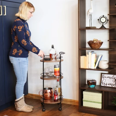 Sunnydaze Decor Sunnydaze Round Metal 3-Tier Bar Cart - Indoor Furniture With Wheels - Brown - 34.5” H - Image 8