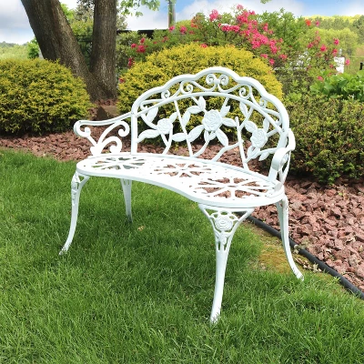 Sunnydaze Decor Sunnydaze 2-Person Classic Rose Design Cast Aluminum Outdoor Garden Bench, White - Image 4