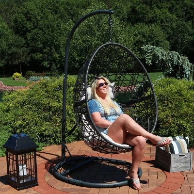 Sunnydaze Decor Sunnydaze Outdoor Resin Wicker Patio Caroline Lounge Hanging Basket Egg Chair Swing With Cushions And Steel Stand Set- 3pc - Image 5