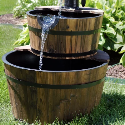 Sunnydaze Decor Sunnydaze 34"H Electric Fir Wood 2-Tier Farmhouse Barrel With Metal Decorative Hand Pump Outdoor Water Fountain - Image 6