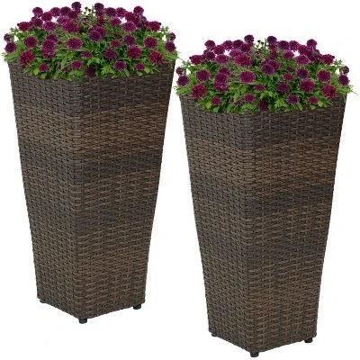 Sunnydaze Decor Sunnydaze Modern Decorative Standing Square Polyrattan Planter Containers - Brown - 2-Pack - Image 5