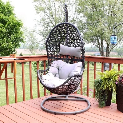 Sunnydaze Decor Sunnydaze Outdoor Resin Wicker Patio Cordelia Hanging Basket Egg Chair Swing With Cushion, Headrest, And Steel Stand Set- 3pc - Image 2