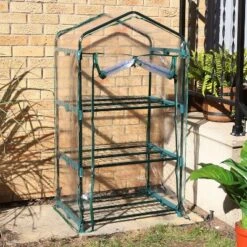 Sunnydaze Decor Sunnydaze Outdoor Portable Growing Rack 3-Tier Greenhouse With Roll-Up Door - 3 Shelves - Clear