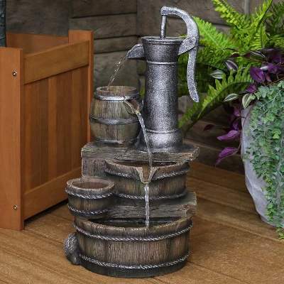 Sunnydaze Decor Sunnydaze 23"H Electric Polyresin Cozy Farmhouse Pump And Tiered Barrels Outdoor Water Fountain With LED Lights - Image 2