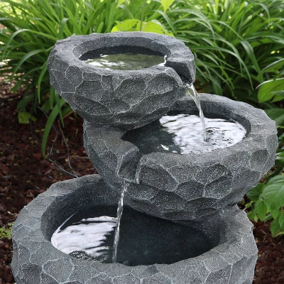 Sunnydaze Decor Sunnydaze Outdoor 3-Tier Chiseled Basin Solar Powered Water Fountain With Battery Backup And Submersible Pump - 22" - Image 6