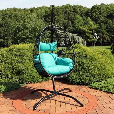 Sunnydaze Decor Sunnydaze Outdoor Resin Wicker Patio Dalia Hanging Basket Egg Chair With Cushions, Headrest, And Steel Stand Set - Teal - 3pc