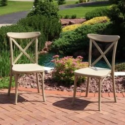 Sunnydaze Decor Sunnydaze Crossback Design Plastic All-Weather Commercial-Grade Bellemead Indoor/Outdoor Patio Dining Chair, Tan, 2pk