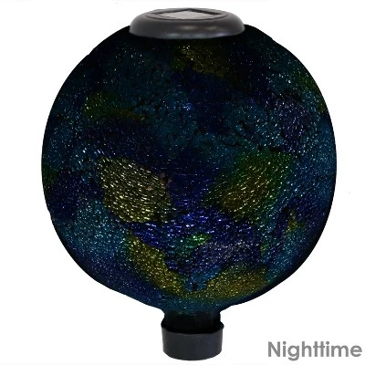Sunnydaze Decor Sunnydaze Crackled Glass Azul Terra Design Indoor/Outdoor Garden Gazing Globe With LED Solar Light - 10" Diameter - Blue And Green - Image 2