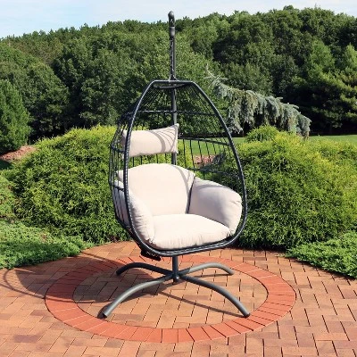Sunnydaze Decor Sunnydaze Outdoor Resin Wicker Patio Oliver Lounge Hanging Basket Egg Chair Swing With Cushions, Headrest, And Steel Stand Set - Gray - 3pc