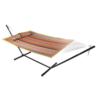Sunnydaze Decor Sunnydaze Outdoor 2-Person Double Polyester Quilted Hammock With Wood Spreader Bar And 12ft Black Steel Stand - Image 10