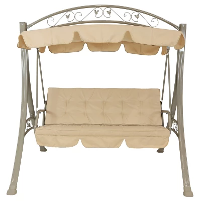 Sunnydaze Decor Sunnydaze Outdoor 3-Person Steel Patio Swing With Adjustable Canopy And Tufted Cushions, Beige - Image 9