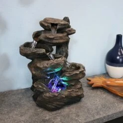 Sunnydaze Decor Sunnydaze Indoor Home Office 6-Tiered Staggered Rock Falls Tabletop Water Fountain With Colored LED Lights - 13"